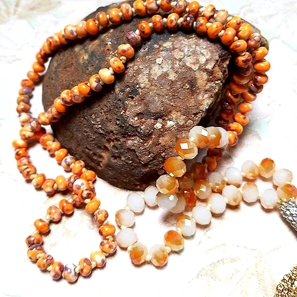 Hand Crafted Glass Bead and Austrian Crystal Gold Tone Tassel Necklace